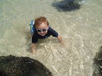 sam at tidal pool  And Sam is looking up at Auntie Angel in this picture! She and Sheena came to visit us. Sammy actually invited Angel. He likes her a lot. I asked him who should come with us and he said "Auntie Angel!"