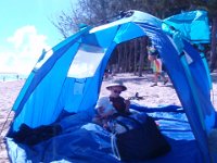 P8010001  Here we are testing out new gear - a pop-up tent for the beach!