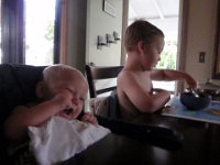 P8040003  Boys at breakfast. Trying Ben out in the clip-on chair. He's almost ready for it!
