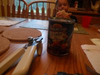 P4200009  This can...just wanted to make soup for my children for lunch. Look at the can opener! Pampered Chef can opener was a real pain to get to work. Sam finally took over. See hilarious commentary in next clip. Well, it was hilarious to me at the time. Decided to record our thoughts "live."