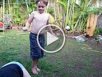 IMGP3206  Only for the brave - start this one downloading, go grab your shower, and come back. It is a big one but so classic. It shows the backyard in shambles and boys being boys. One is without a shirt, the other without shorts. There is some near-disaster at the end involving a 10 ft bamboo pole and the journalist (yours truly). This one actually makes Dave laugh. If it's too disturbing for you (there is some screeching) then just turn off the volume and pretend it's a silent film.