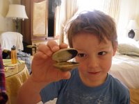 IMGP9278  They loved making this little clam "talk" at a nice dinner sponsored by Richard. The little song they like to sing - invented on this trip - is "One, two, poo, little snack-snack!" You end the song (the snack-snack part) by jumping on something. This clam really stank! I hid it in the hotel room but Dave found it and tossed it.