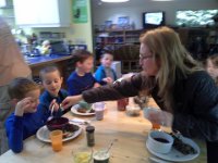 20140427 164852  Patricia putting some fennel on Sam's beetroot soup!