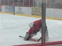 20141209 180044  Sam getting to try out being goalie in practice. He has been - and truly, this is not a lie - dropping to his knees, feet out splayed to the sides, in an instant, all over the house, as if he's blocking a shot. He's fascinated by goalies. He'll do it in coffee shops, super markets...kinda surprising when it happens!